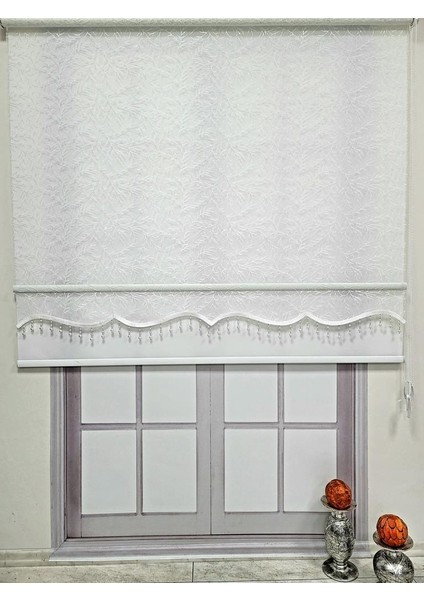 Dal Desenli Boncuklu Çift Mekanizmalı Tül Stor Perde Ekru TS2013B indirimleri