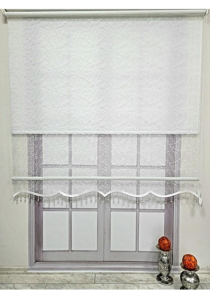 Dal Desenli Boncuklu Çift Mekanizmalı Tül Stor Perde Ekru TS2013B fiyatları