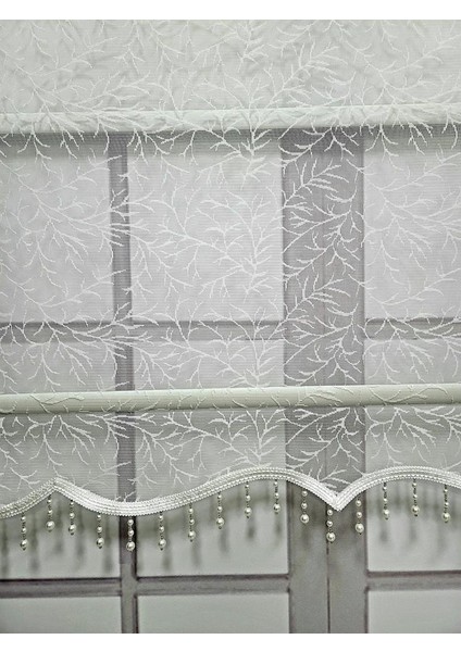 Dal Desenli Boncuklu Çift Mekanizmalı Tül Stor Perde Ekru TS2013B modelleri