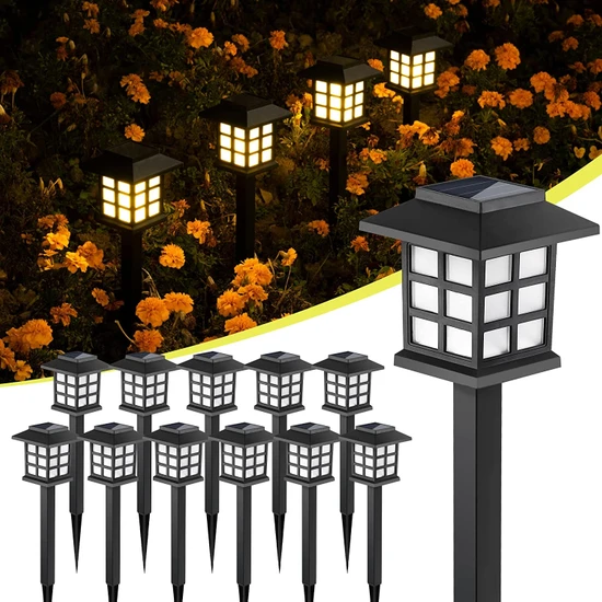 Filli Kutum 12LI Su Geçirmez Güneş Enerjili Solar Bahçe Lambası Sokak Lambası Tasarımlı Sarı Işıklı