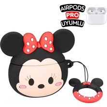 Ewec Airpods Pro Uyumlu Minnie Mouse Figürlü Sevimli Kopçalı Koruyucu Silikon Kılıf, Darbe Emici Kılıf