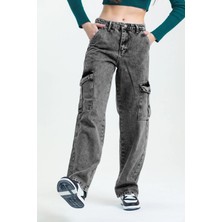 Asortix Kız Çocuk Yüksek Bel Wide Leg Kargo Cep Detaylı Kot Pantolon Kadın Dar Kesim