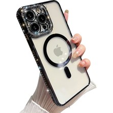 M.TK Moveteck Apple iPhone 14 Pro Uyumlu Kılıf Kamera Lens Mercek Korumalı Arkası Şeffaf Kenarları Prılanta Işıltılı Swarovski Taşlı Magsafe Halka