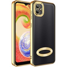 Caseart Samsung Galaxy A03 Kapak Yanları Renkli Lens Korumalı Logo Gösteren Şeffaf Luxury Silikon Kılıf - Gold