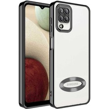 Case World Samsung Galaxy A12 Kapak Yanları Renkli Lens Korumalı Logo Gösteren Şeffaf Luxury Silikon Kılıf - Siyah