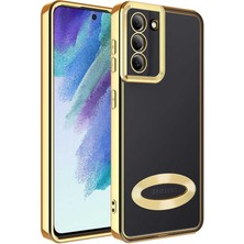 Case World Samsung Galaxy S21 Fe Kapak Yanları Renkli Lens Korumalı Logo Gösteren Şeffaf Luxury Silikon Kılıf - Gold