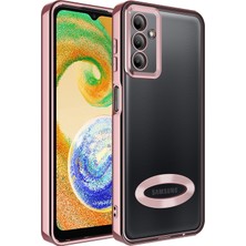 Case World Samsung Galaxy A04S Kapak Yanları Renkli Lens Korumalı Logo Gösteren Şeffaf Luxury Silikon Kılıf - Rose Gold