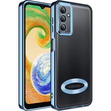 Case World Samsung Galaxy A04S Kapak Yanları Renkli Lens Korumalı Logo Gösteren Şeffaf Luxury Silikon Kılıf - Mavi