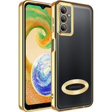 Case World Samsung Galaxy A04S Kapak Yanları Renkli Lens Korumalı Logo Gösteren Şeffaf Luxury Silikon Kılıf - Gold