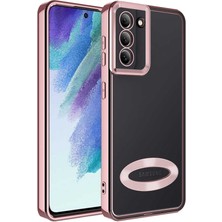 Case World Samsung Galaxy S21 Fe Kapak Yanları Renkli Lens Korumalı Logo Gösteren Şeffaf Luxury Silikon Kılıf - Rose Gold