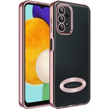 Kılıfmania Samsung Galaxy A23 Kapak Yanları Renkli Lens Korumalı Logo Gösteren Şeffaf Luxury Silikon Kılıf - Rose Gold