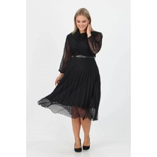 Neşeli Butik Kadın Piliseli Dantel Elbise APCX28 - Siyah