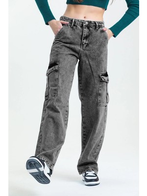 Asortix Kız Çocuk Yüksek Bel Wide Leg Kot Pantolon Kargo Cep Detaylı Günlük Kullanım İçin