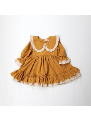 İkoko Kids Hardal Kız Bebek Fırfırlı Elbise Bebe Yaka Stilinde Şık Tasarım