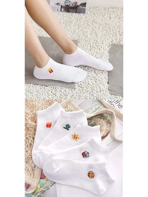 Eds Consept 5’li Kadın Eglenceli Ufak Desenli Beyaz Renkli Patik Yıkamalı Bilek Çorap Seti
