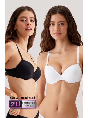 Pierre Cardin 2'li Ekonomik Paket Siyah-Beyaz 6015 Milan Push Up Dolgulu Micro T-Shirt Sütyen Seti Slip Hediyeli