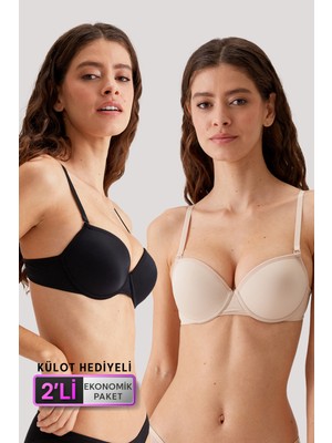 Pierre Cardin 2'li Ekonomik Paket Siyah-Ten 6015 Milan Push Up Dolgulu Micro T-Shirt Sütyen Seti Slip Hediyeli