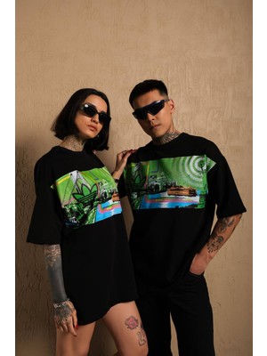 Blackest Adidas Önü Baskılı  Company %100 Penye Oversize Siyah Renk Tişört