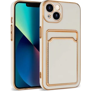 Apple iPhone 13 Kılıf Kenarı Gold Renkli Kartlıklı Bark Silikon Kapak