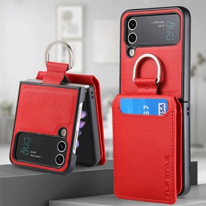 For Samsung Galaxy Z Flip4 Yüzük Lychee Deseni Cüzdan Cep Telefonu Kılıfları (Yurt Dışından)