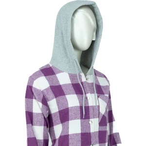 Kadın Ekose Desenli Önü Düğmeli Rahat Kesim Cepli Kapüşonlu Uzun Kollu Pamuklu Şardonlu Oduncu Gömleği