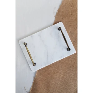IOA Design Nergis Gerçek Ince Mermer Damat Kahvesi Tepsisi 28X20 cm - Eskitme Altın Kulp