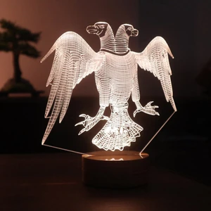 By Lamp Çift Başlı Kartal LED Gece Lambası Ahşap Taban 7 Farklı Işık Renkli