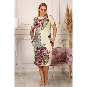 Neşeli Butik Kadın Cepli Büyük Beden Viskon Elbise AYSL44 - Bej