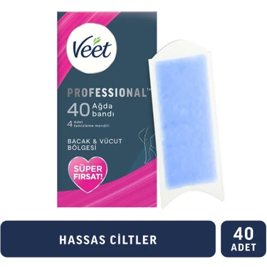 Veet Professional Ağda Bandı Hassas Ciltler İçin 40'lı Bacak & Vücut Bölgesi Temizleme