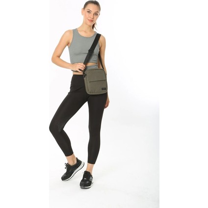 Haki 4 Bölmeli Fermuar Kapamalı Canvas Kumaş Unisex Omuz Çantası