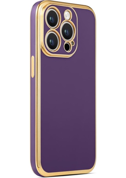 Apple iPhone 14 Pro Kılıf Kenarı Gold Şeritli Arkası Parlak Silikon Kapak Bark