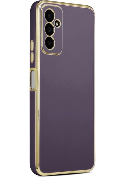 Samsung Galaxy M23 Kılıf Kenarı Gold Şeritli Arkası Parlak Silikon Kapak Bark