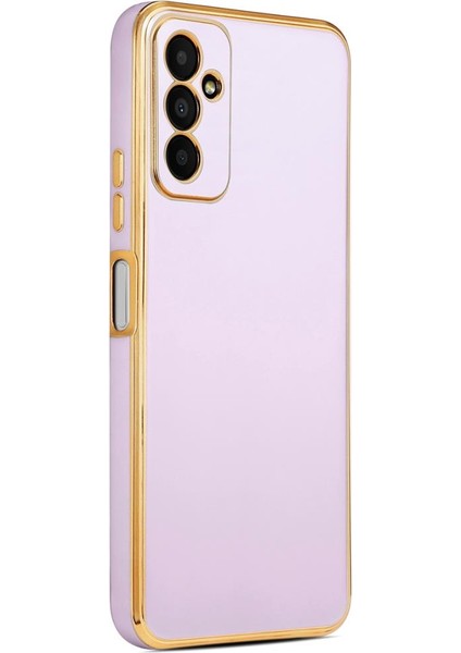 Samsung Galaxy M23 Kılıf Kenarı Gold Şeritli Arkası Parlak Silikon Kapak Bark