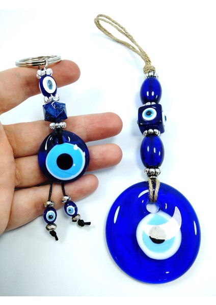 Nazar Boncuğu Duvar Dekoru + Anahtarlık Cam El Yapımı Dekoratif Set