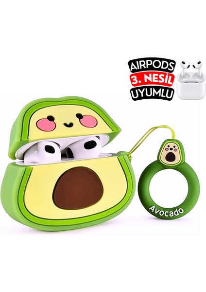 Airpods 3. Nesil Uyumlu Avokado Figürlü Sevimli Kopçalı Koruyucu Silikon Kılıf, Darbe Emici Kılıf