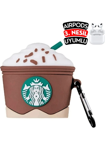 Airpods 3. Nesil Uyumlu Starbucks Figürlü Kopçalı Koruyucu Silikon Kılıf, Darbe Emici Kılıf