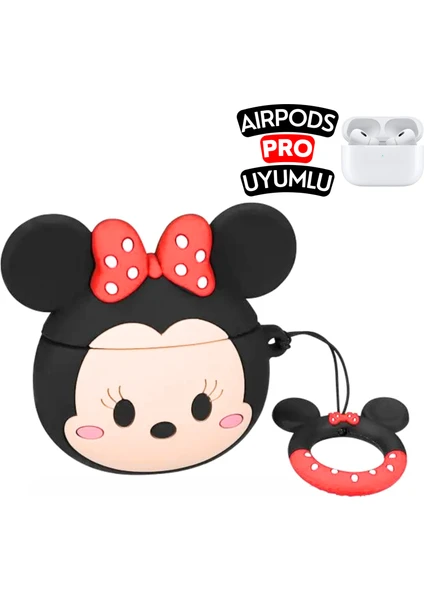 Airpods Pro Uyumlu Minnie Mouse Figürlü Sevimli Kopçalı Koruyucu Silikon Kılıf, Darbe Emici Kılıf