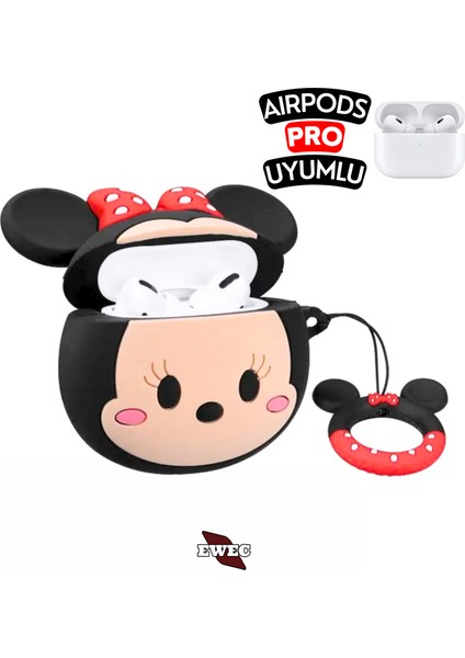 Airpods Pro Uyumlu Minnie Mouse Figürlü Sevimli Kopçalı Koruyucu Silikon Kılıf, Darbe Emici Kılıf