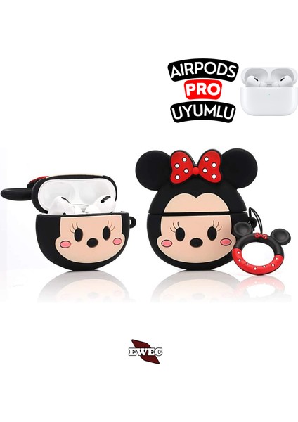 Airpods Pro Uyumlu Minnie Mouse Figürlü Sevimli Kopçalı Koruyucu Silikon Kılıf, Darbe Emici Kılıf