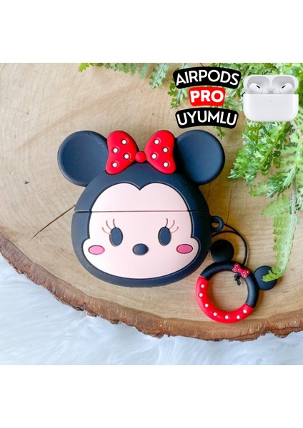 Airpods Pro Uyumlu Minnie Mouse Figürlü Sevimli Kopçalı Koruyucu Silikon Kılıf, Darbe Emici Kılıf