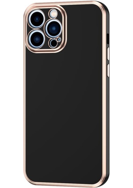 Apple iPhone 14 Pro Max Kılıf Kenarı Gold Şeritli Arkası Parlak Silikon Kapak Bark