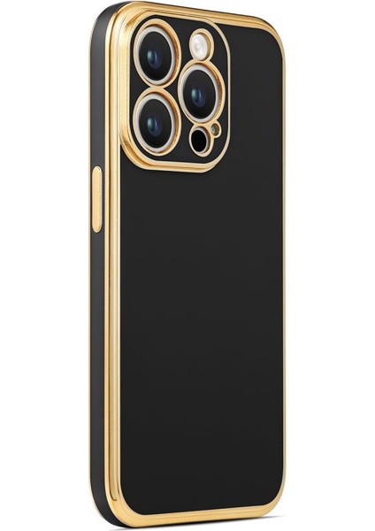 Apple iPhone 14 Pro Max Kılıf Kenarı Gold Şeritli Arkası Parlak Silikon Kapak Bark