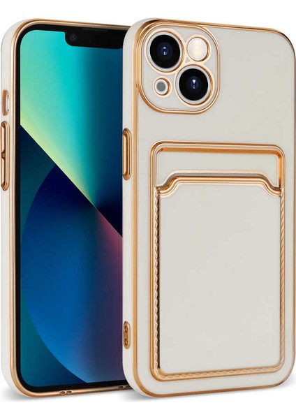 Apple iPhone 13 Kılıf Kenarı Gold Renkli Kartlıklı Bark Silikon Kapak