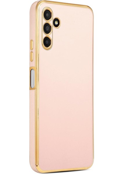Samsung Galaxy A04S Kılıf Kenarı Gold Şeritli Arkası Parlak Silikon Kapak Bark