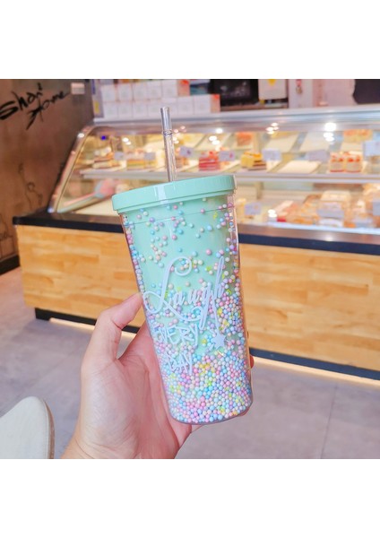 Plastik Çift Katmanlı Kahvaltı Süt Suyu Bardağı Pipetli 550ML (Yurt Dışından)