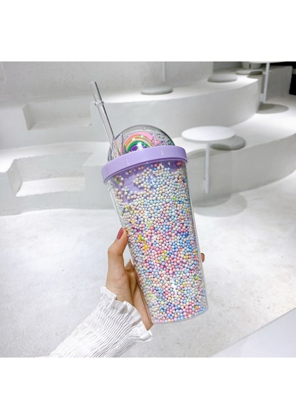 Plastik Çift Katmanlı Kahvaltı Süt Suyu Bardağı Pipetli 550ML (Yurt Dışından)