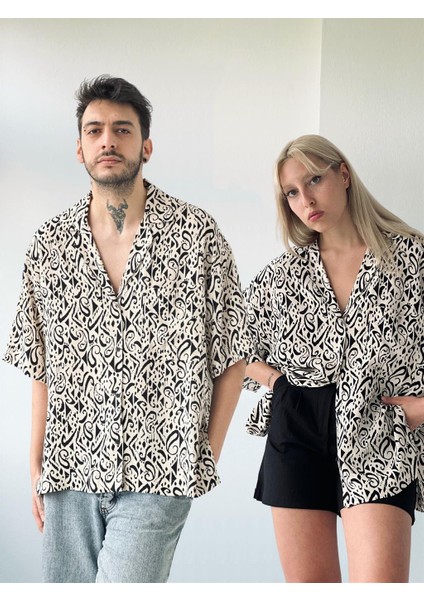 Retro Yaka Oversize Gömlek Kadın Siyah-Krem