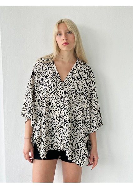 Retro Yaka Oversize Gömlek Kadın Siyah-Krem