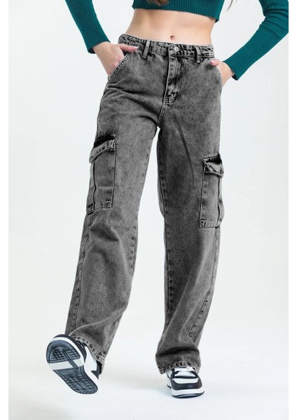 Kız Çocuk Kargo Cep Detaylı Yüksek Bel Wide Leg Kot Pantolon-PNT-0029