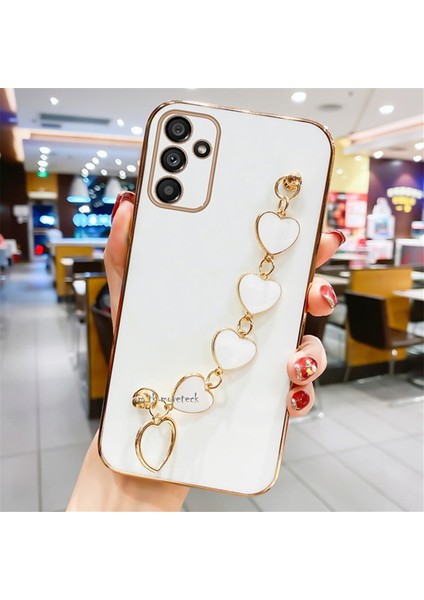 Samsung Galaxy A54 5g Uyumlu Kılıf Kamera Korumalı Parlak Gold Kalpli Bileklik Toka Tutacakcı Zincirli Kapak